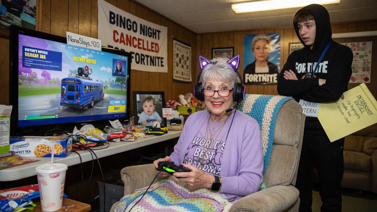 An elderly woman shouts gaming strategy into a webcam taped to a biscuit tin.