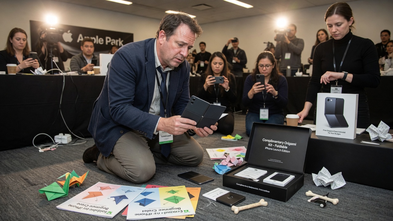 A customer holds a foldable smartphone next to a phone showing a financing app during an Apple preorder line.