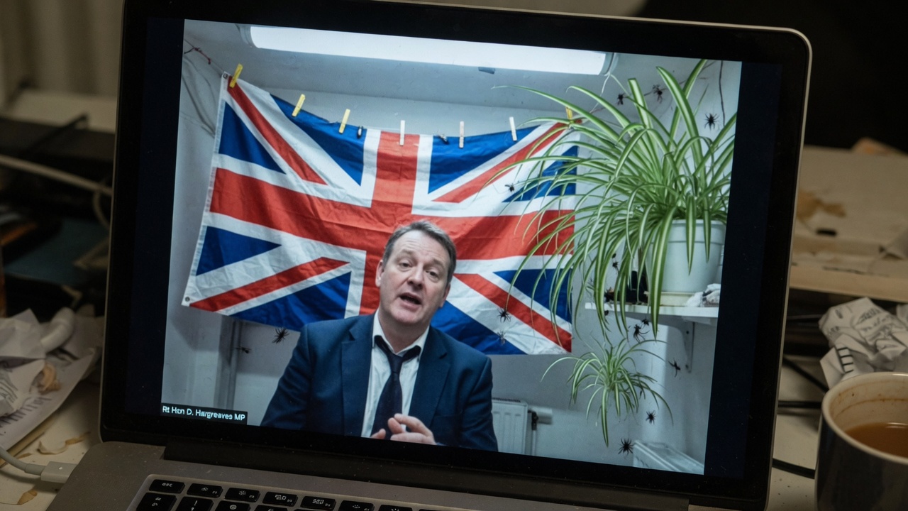 A wrinkled polyester Union Jack draped like laundry beside a spider plant, shot like a press photo.