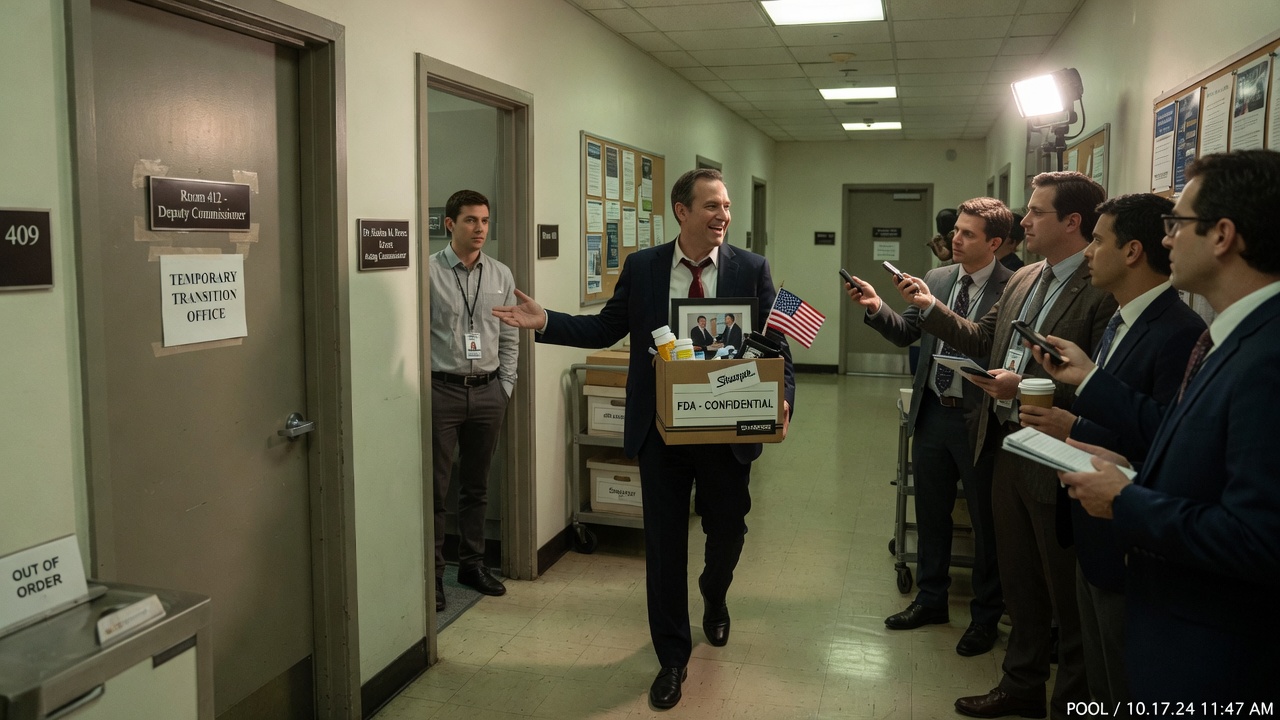 A hallway connecting the West Wing to the FDA building, with a moving box labeled 'Slides — Keep' rolling down it.