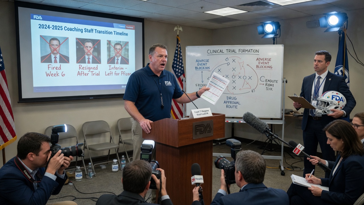 A podium with a peel-off nameplate and a dry-erase FDA org chart in the background.