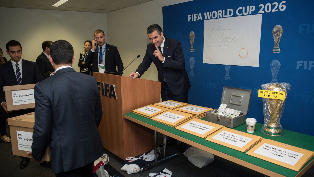 A soccer trophy sitting on a conference table covered in sponsor logos and a printer jammed mid-page.
