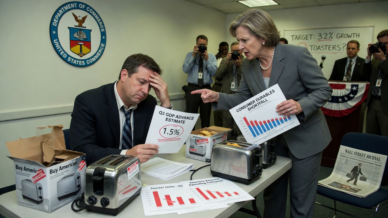 Ron Rugundy points sternly at a chart labeled TOASTER GAP while holding a toaster.