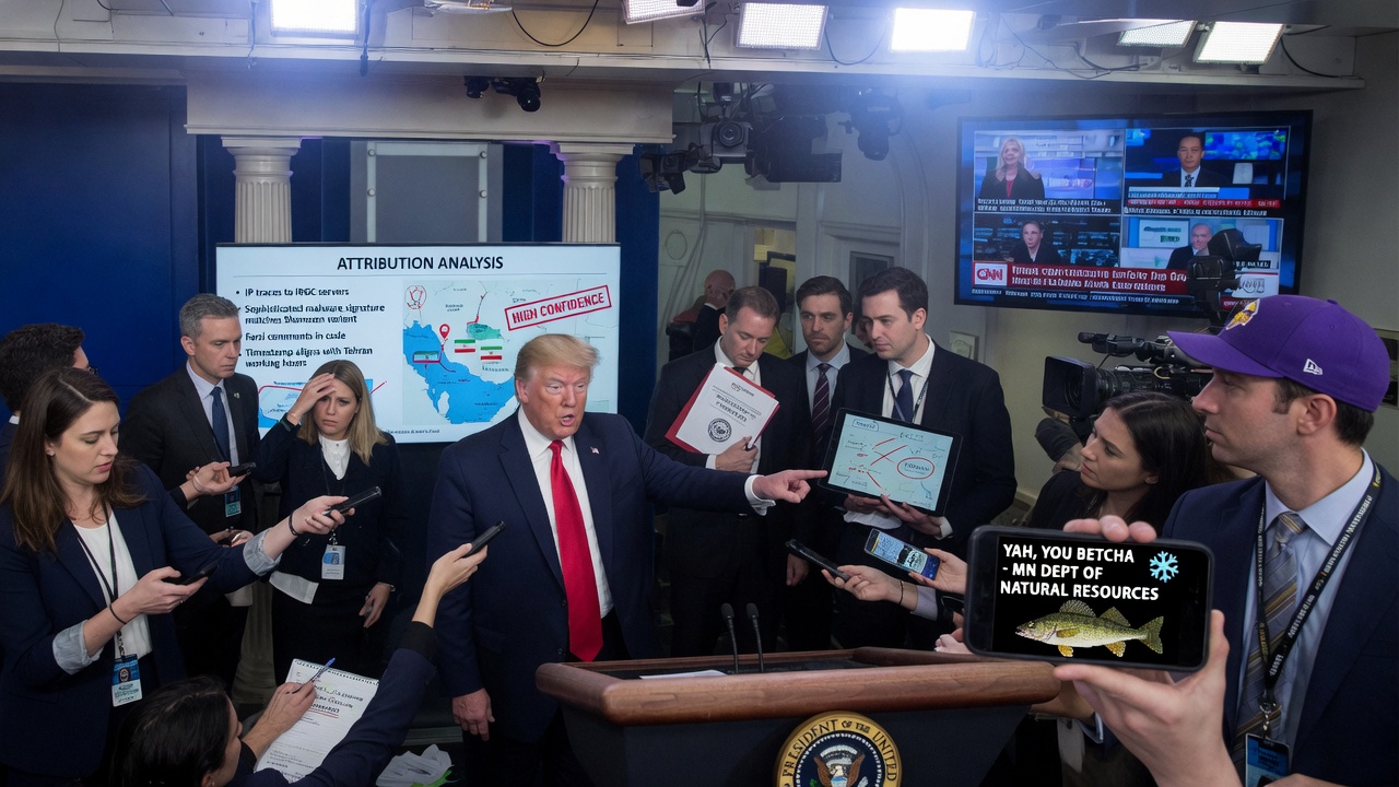 A cartoon water treatment plant control room with a sticky note on the server reading 'who is logging in from Tehran??' while a TV in the corner shows an anchorman pointing at a map of Minnesota.