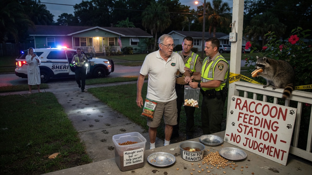 Editorial press photo of backyard pet bowls at dusk with cats eating and raccoons nearby near a Florida HOA fence, cinematic news photograph style.