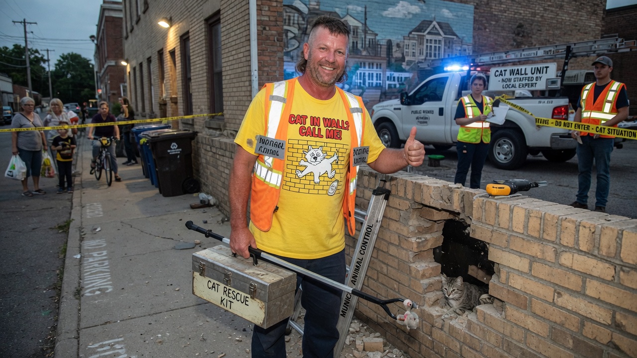 A man in a shirt reading CATMAN gently lifts a cat out of a hole in a plaster wall using a spatula and phone flashlight.