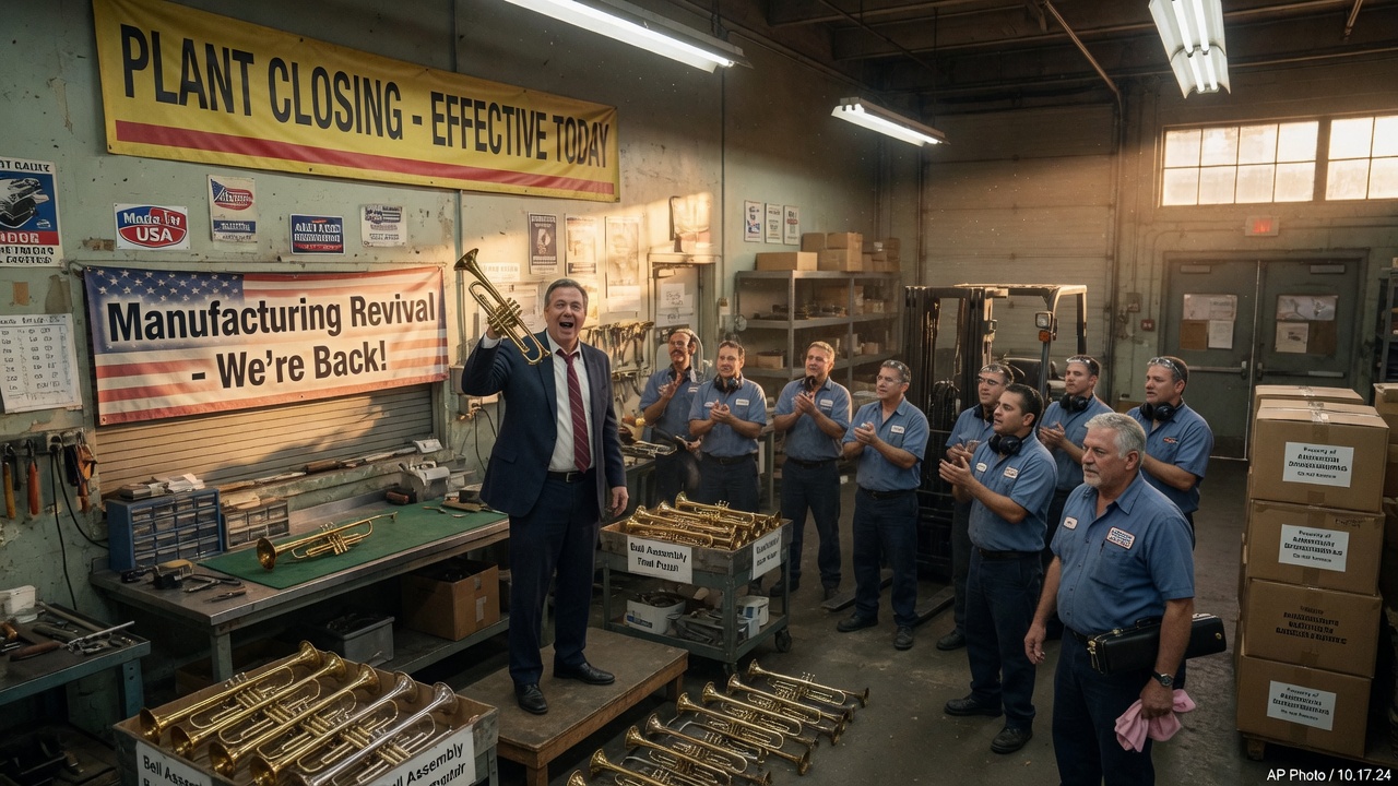 A dusty, empty brass instrument factory floor with a single trumpet left on a workbench beside an idling forklift.