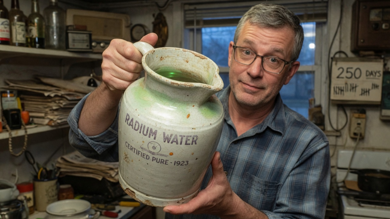 A man holding a glazed ceramic water jug from the 1920s up to a camera.