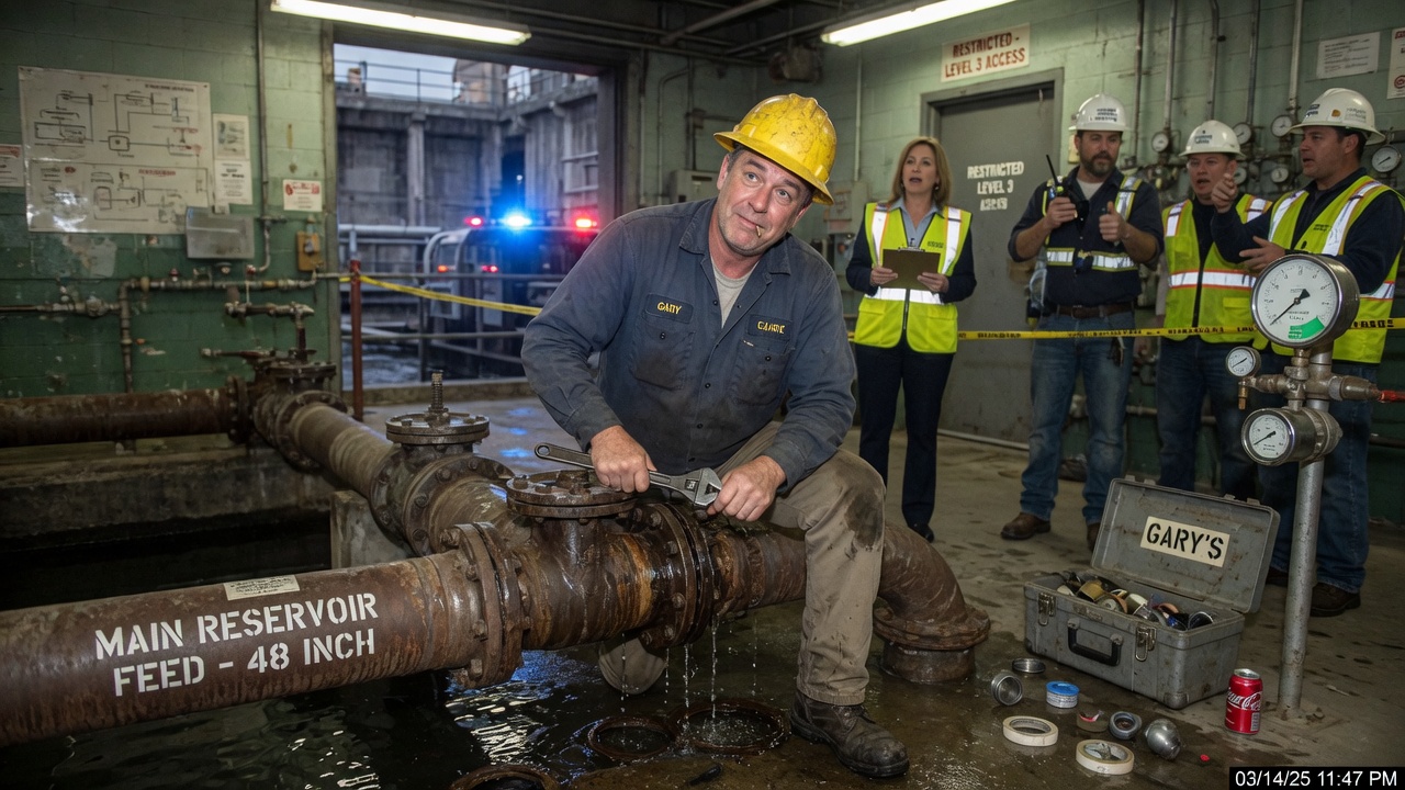 A man named Gary eating a sandwich beside a manually operated water valve, with a hand-lettered sign reading 'Threat level: lunch.'