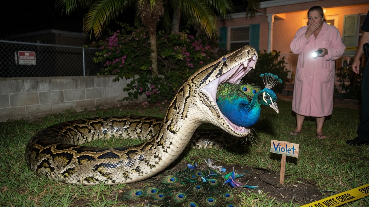 Editorial press photo of Florida wildlife officers handling a large Burmese python near suburban Golden Gate Estates scrub, cinematic news photograph style.