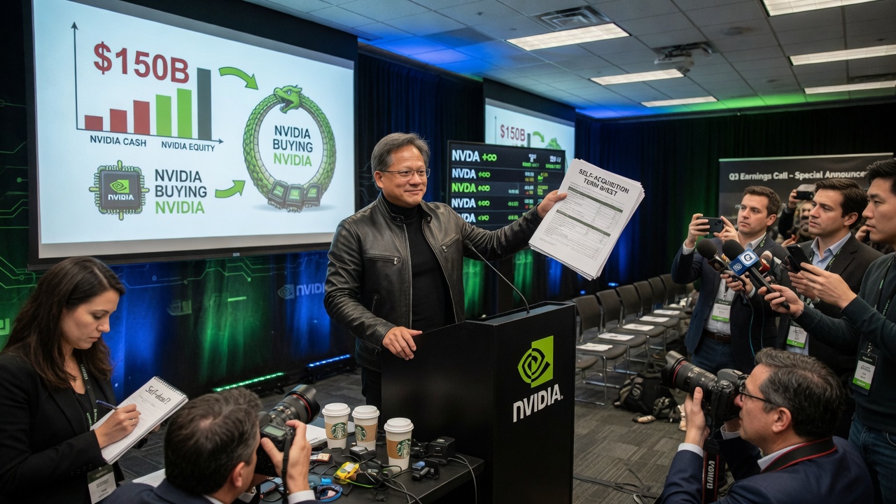 A cartoon snake labeled NVIDIA eating its own tail made of hundred dollar bills shaped like computer chips.