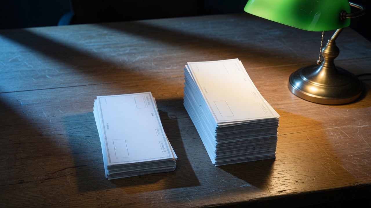 Press photo of two stacks of paper checks on a desk, one shorter and one taller, under cinematic lighting.