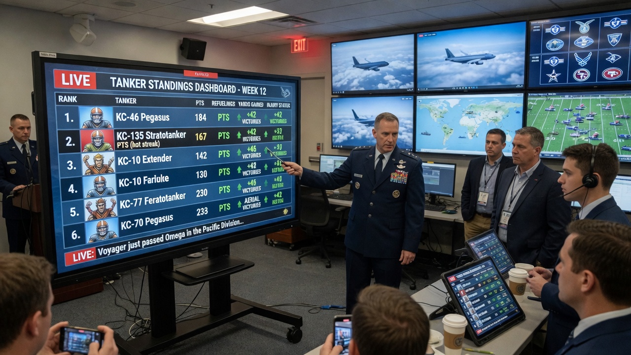 A Pentagon briefing room screen showing a sports-style scoreboard labeled 'Tanker Standings' with columns for Disabled, Sunk, and Still Smoking.