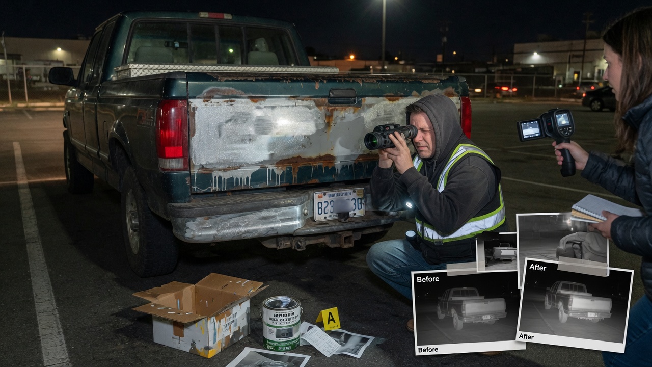 Editorial press photo of a freshly painted reflective license plate under infrared camera light at a roadside checkpoint, cinematic news photograph style.