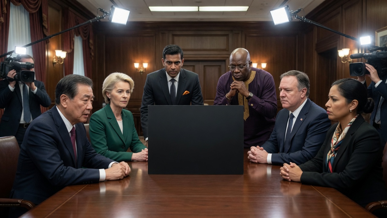 A video call grid showing five world leaders and one solid black square labeled with a tiny nameplate.
