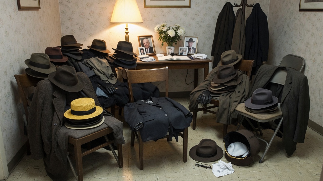 A cluttered memorial with too many hats and jackets piled on chairs, no gore, shot like a press photo.