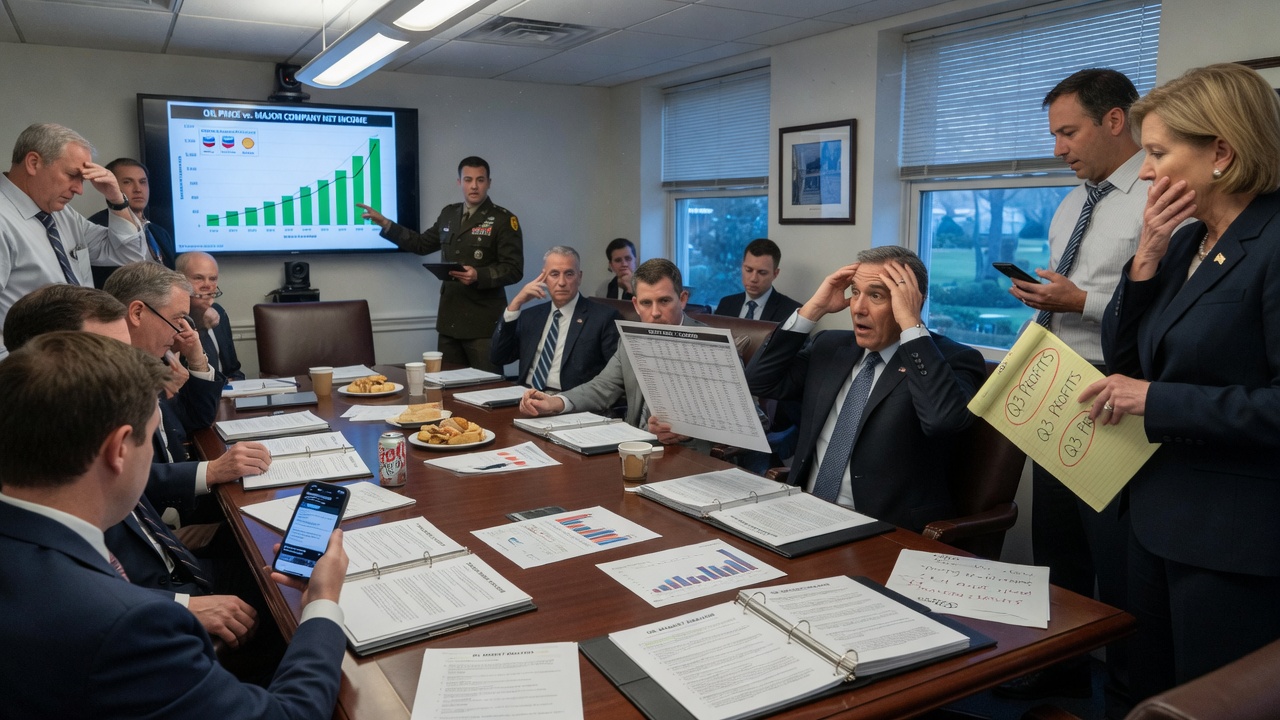 A cartoon oil executive shrugs beside a chart showing 'Prices Up, Profits Up' as a stern anchorman gestures at the camera.